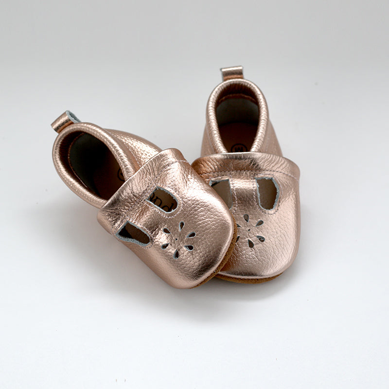 Leather T-Bar Moccasin - Rose Gold 