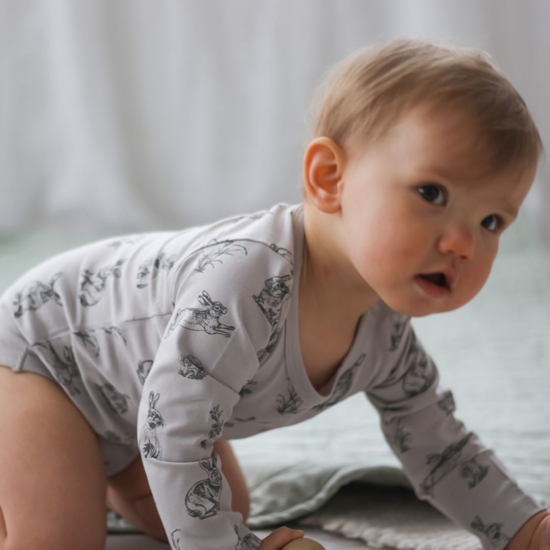 Essentials Long Sleeve Baby Onesie - Grey Burrowers