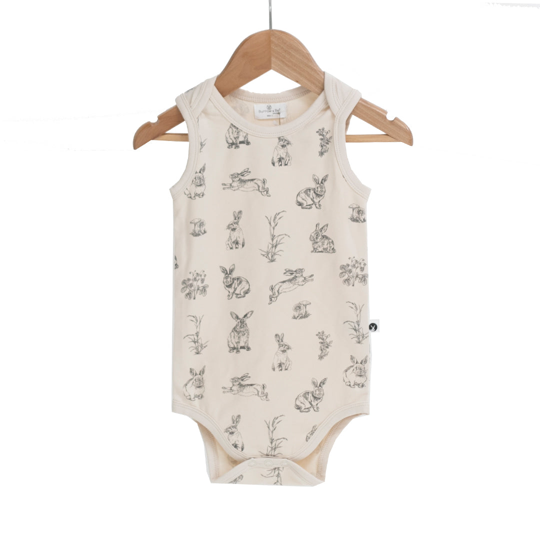 Baby singlet bodysuit almond natural with rabbit print