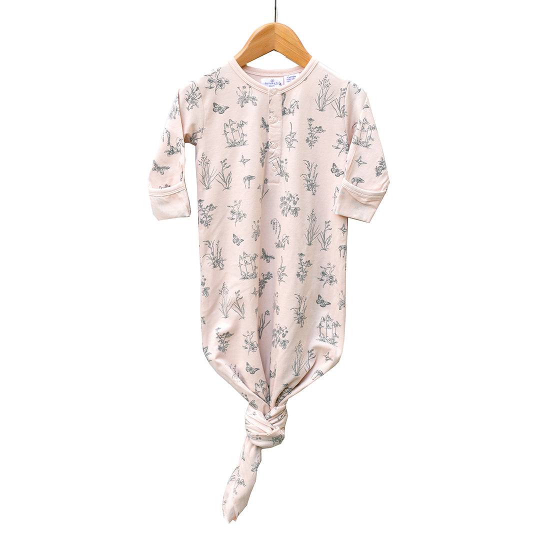 Baby sleep gown tie bottm with long sleeves, soft pink with meadow design.