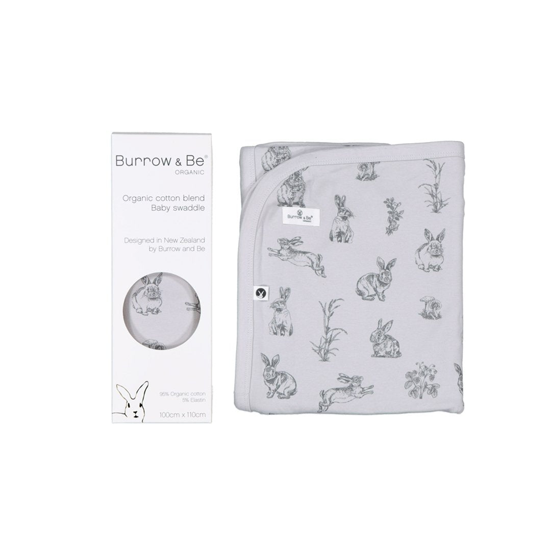 "Stretchy baby swaddle blanket in classic grey with burrowers rabbit design and bound edges making it a great light blanket. Gift boxed. "