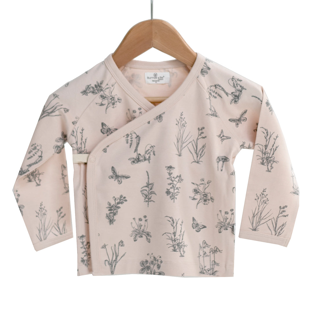 Organic kimono baby top in blush meadow pink