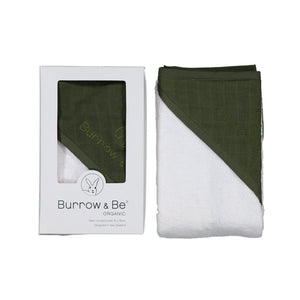 Olive coloured organic baby hooded towel in box packaging.